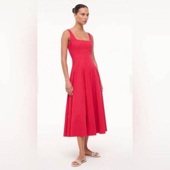 NEW STAUD Wells Stretch Cotton Sleeveless Midi Dress Cherry Red | US 2 UK 6 - Picture 1 of 13